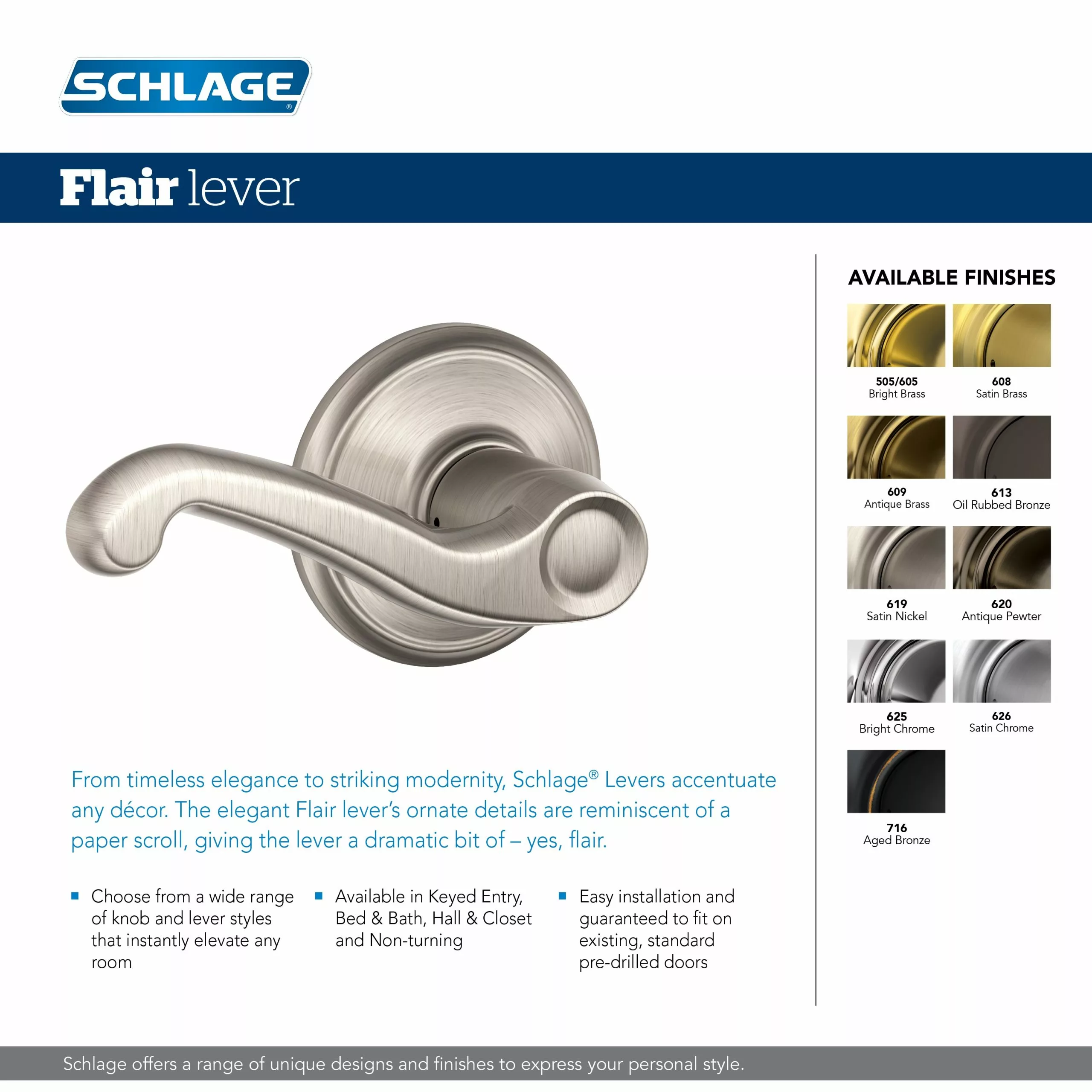Door Handle F10 Nickel Satin Reversible Schlage Passage Flair 7 Door Handle F10 Nickel Satin Reversible Schlage Passage Flair - Image 5