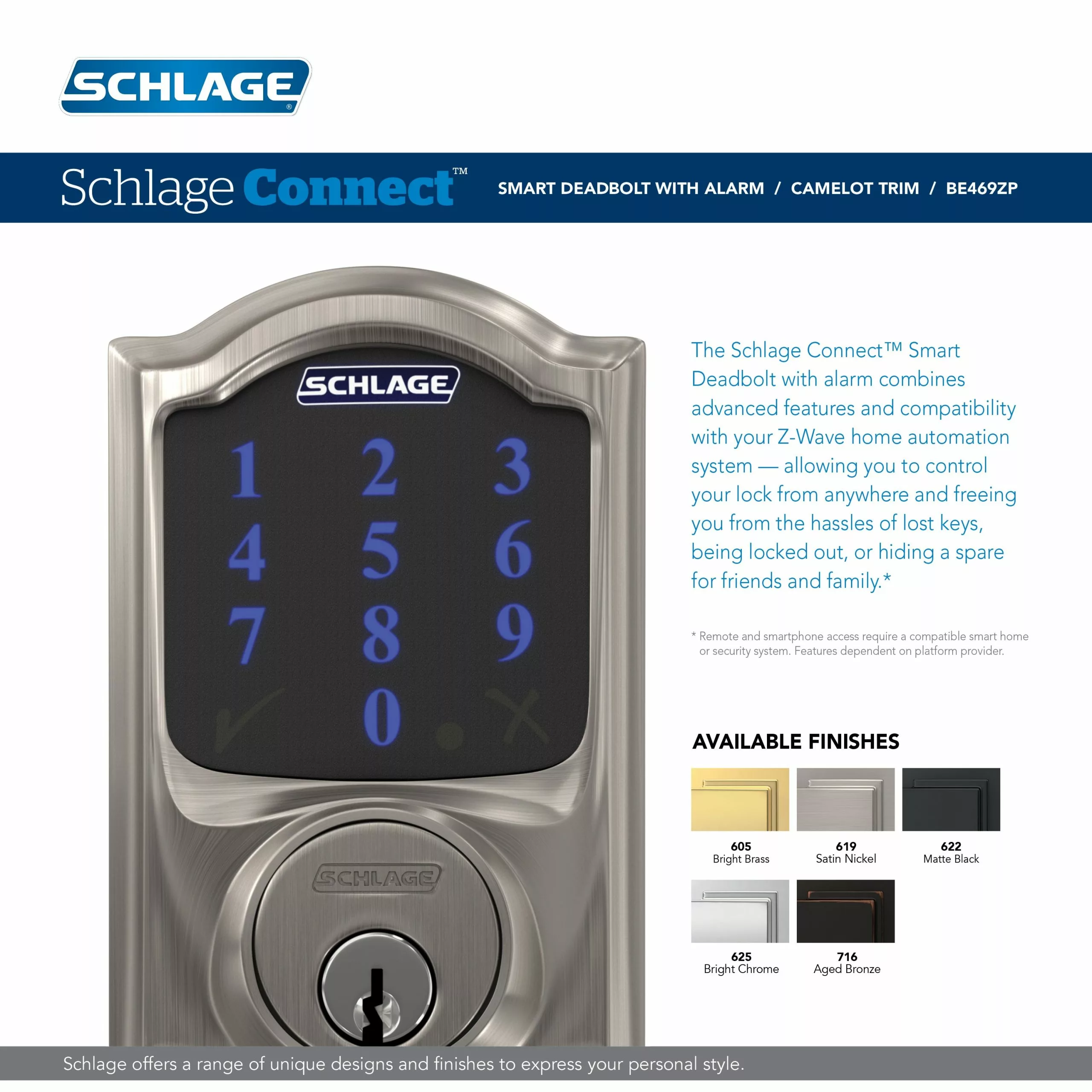 Schlage Door Keypad Lock Deadbolt Nickel Satin 1-Cylinder Single-Cylinder Z-Wave Built-In Electronic Connect Lighted Touchscreen Camelot 8 Schlage Door Keypad Lock Deadbolt Nickel Satin 1-Cylinder Single-Cylinder Z-Wave Built-In Electronic Connect Lighted Touchscreen Camelot - Image 6