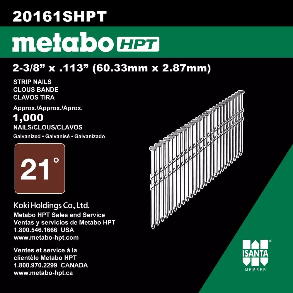 Metabo Framing Nail Hpt Steel 21-Gauge 2-3/8-In (1000-Piece) 21 Hot-Dipped Collated Galvanized 5 Metabo Framing Nail Hpt Steel 21-Gauge 2-3/8-In (1000-Piece) 21 Hot-Dipped Collated Galvanized - Image 3