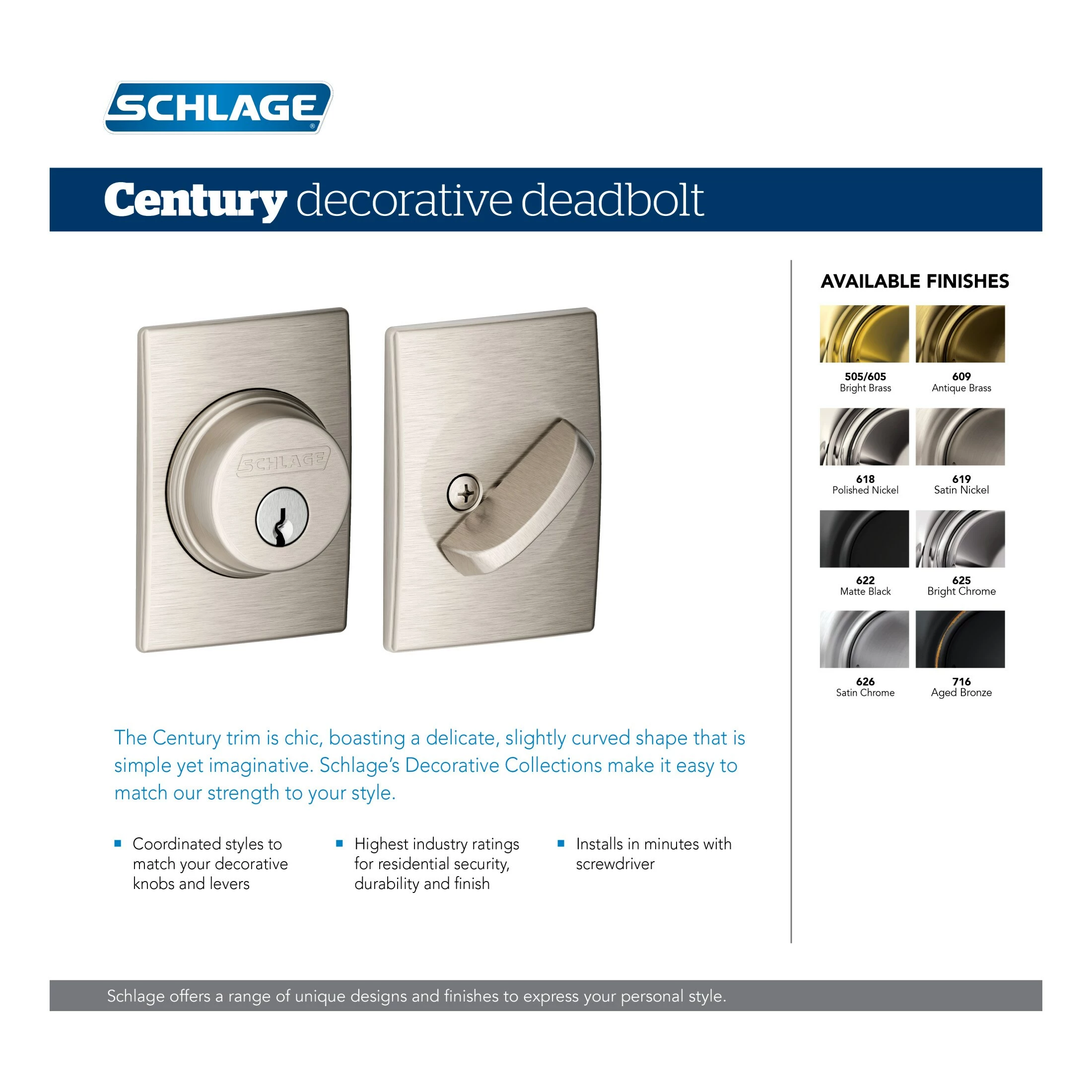 Schlage Deadbolt Century Matte Single Cylinder Black 7 Schlage Deadbolt Century Matte Single Cylinder Black - Image 5