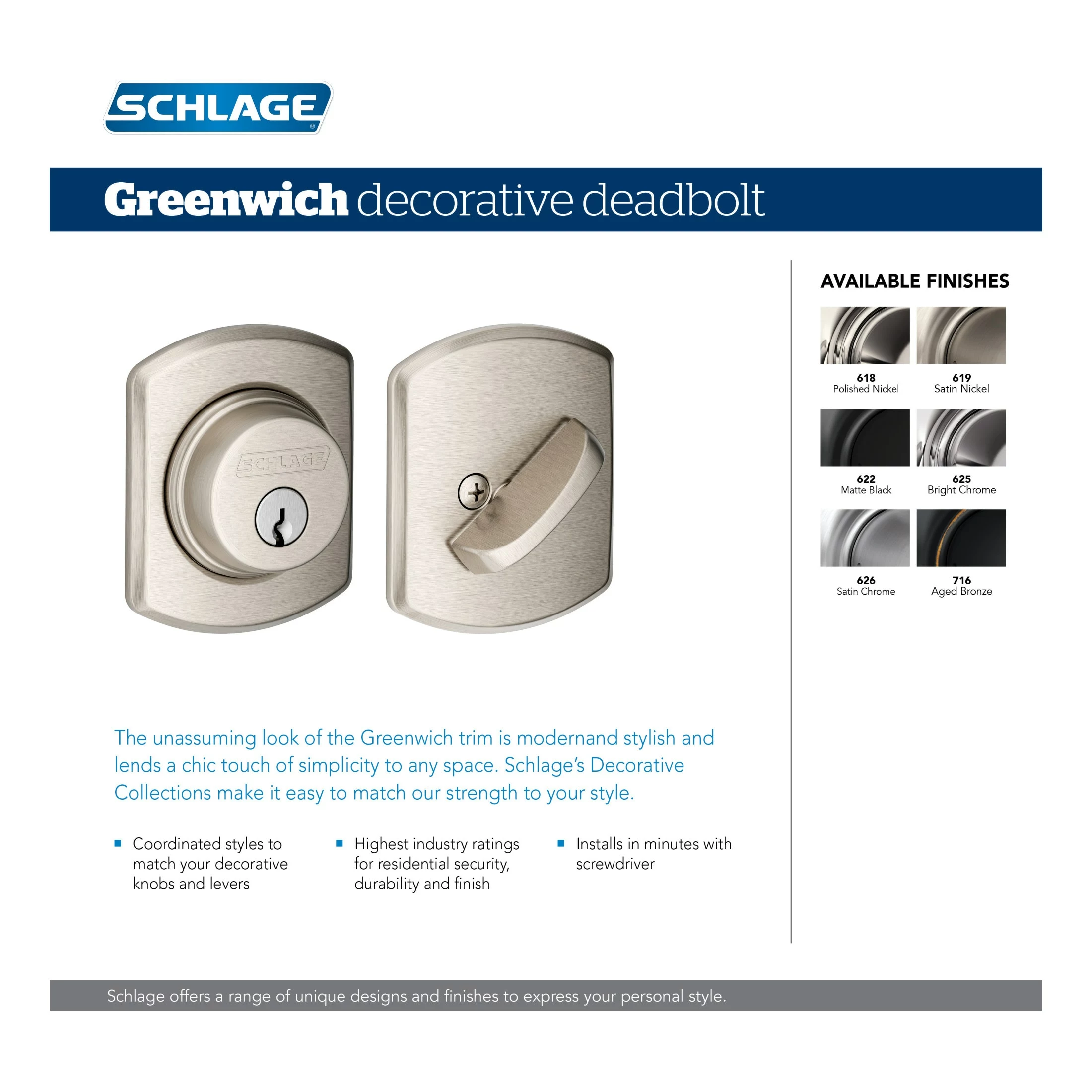 Schlage Greenwich Matte Deadbolt B60 Single Cylinder Black 7 Schlage Greenwich Matte Deadbolt B60 Single Cylinder Black - Image 5